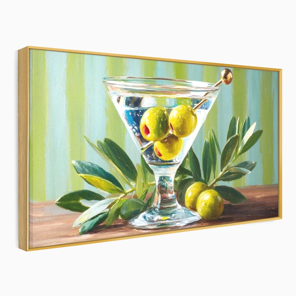 Tablou canvas cu pictura cu pahar martini si masline, in rama de aluminiu auriu